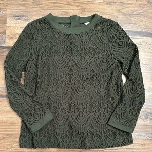 Banana Republic Olive Green Lace Long Sleeve Top Button Accent Back Size M